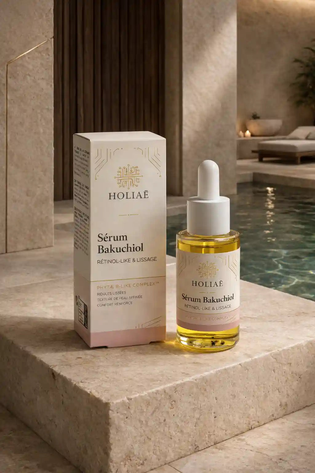 Sérum bakuchiol en ambiance spa haut de gamme, soin visage anti-age et lissage naturel