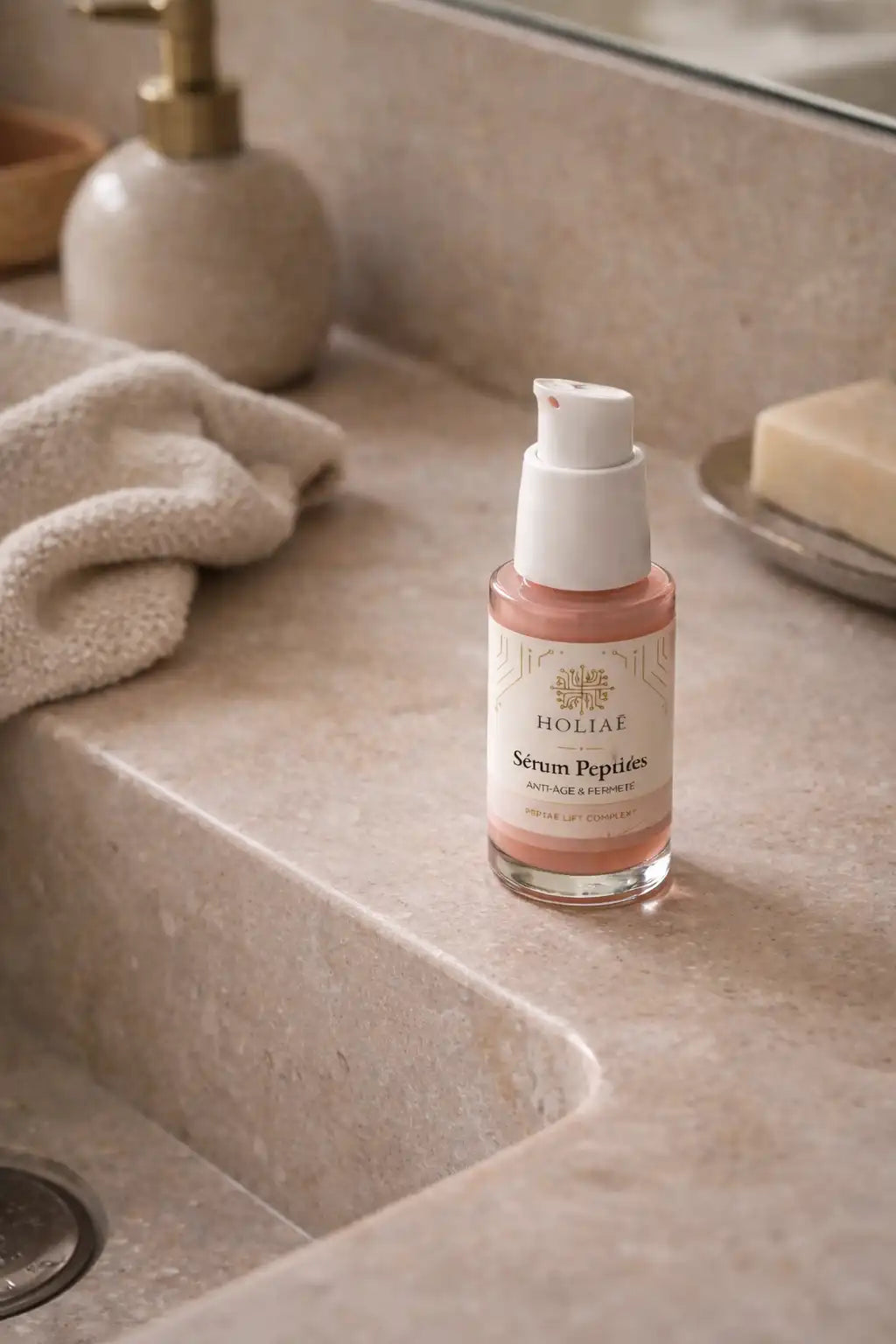 Sérum peptides anti-âge dans une routine skincare salle de bain ambiance naturelle