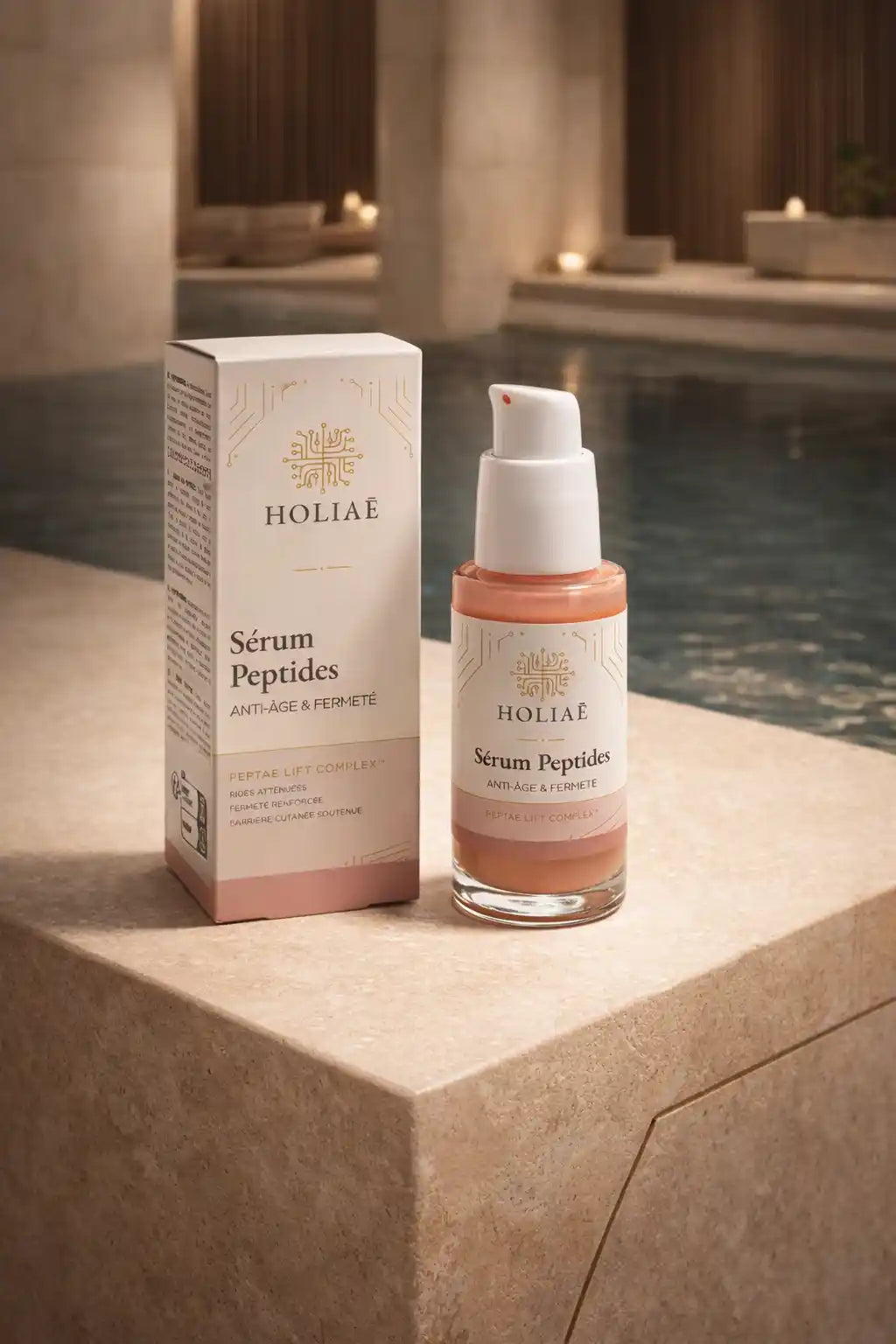 Sérum peptides anti-âge dans un spa luxueux pour raffermir et lisser la peau