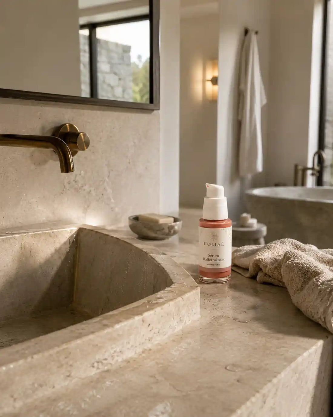 Sérum Raffermissant aux Peptides HOLIAĒ dans une salle de bain