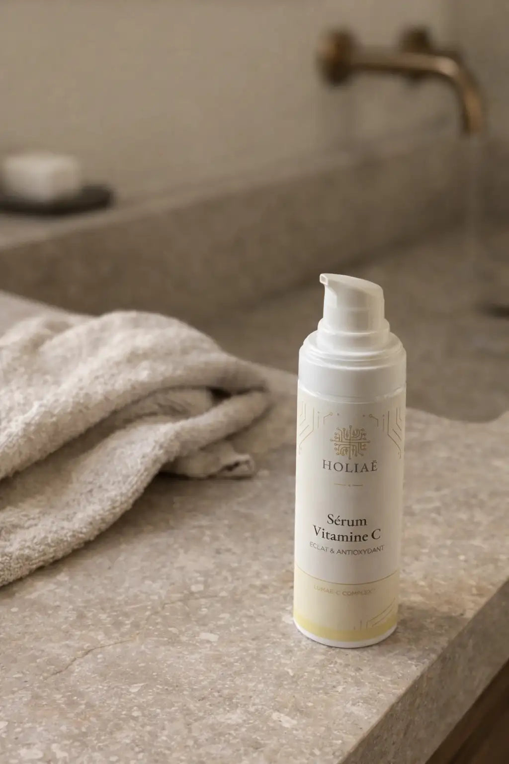 Flacon sérum vitamine C posé en salle de bain, soin visage éclat et routine skincare quotidienne