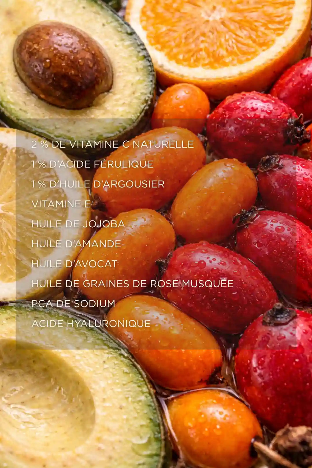 Ingrédients naturels riches en vitamine C, agrumes et fruits antioxydants pour soin visage éclat