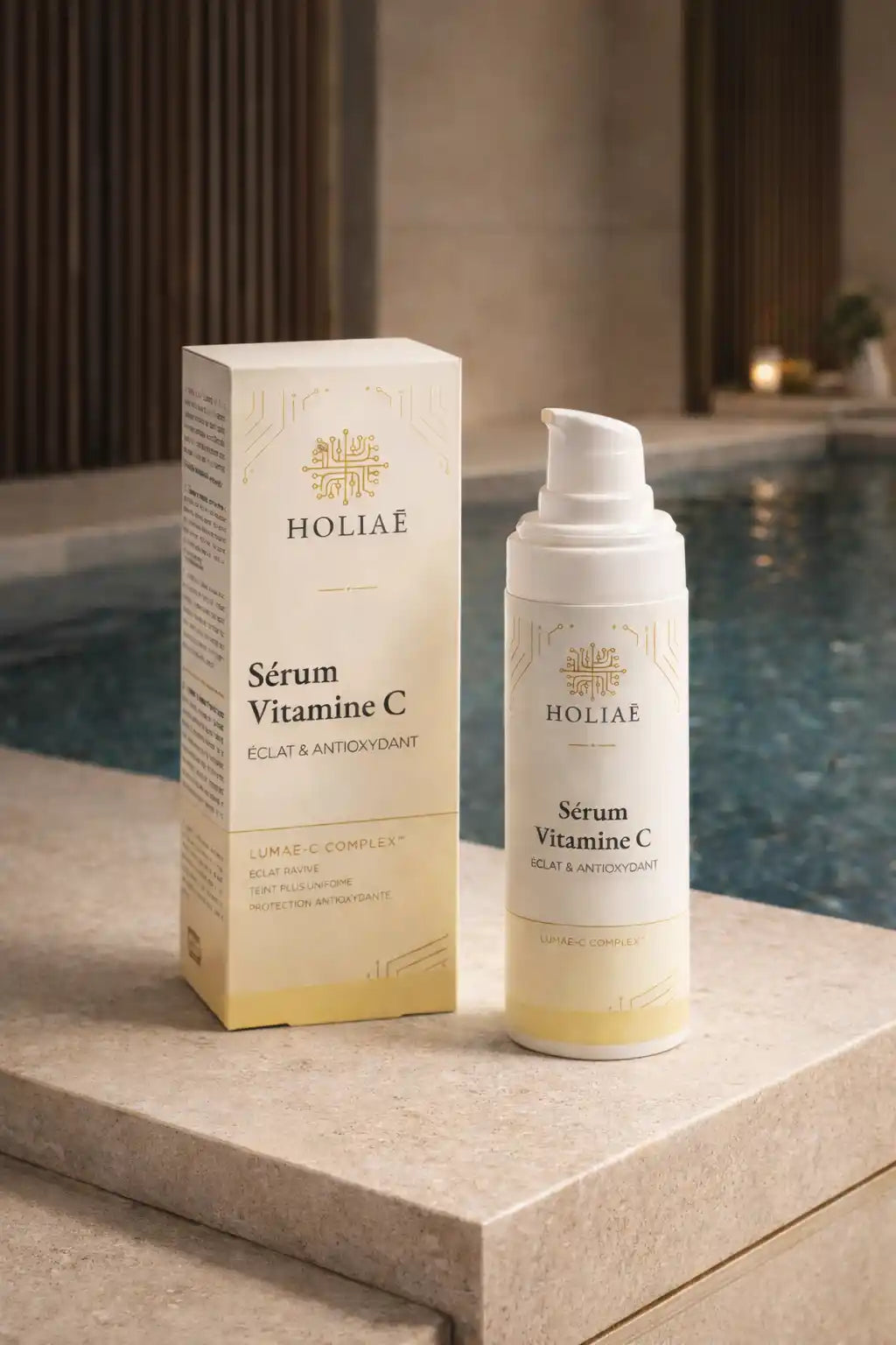 Sérum vitamine C en ambiance spa haut de gamme, rituel soin visage éclat et bien-être