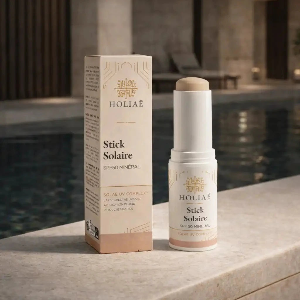 Stick solaire minéral SPF50 Holiaē avec protection UVA UVB dans un environnement spa premium