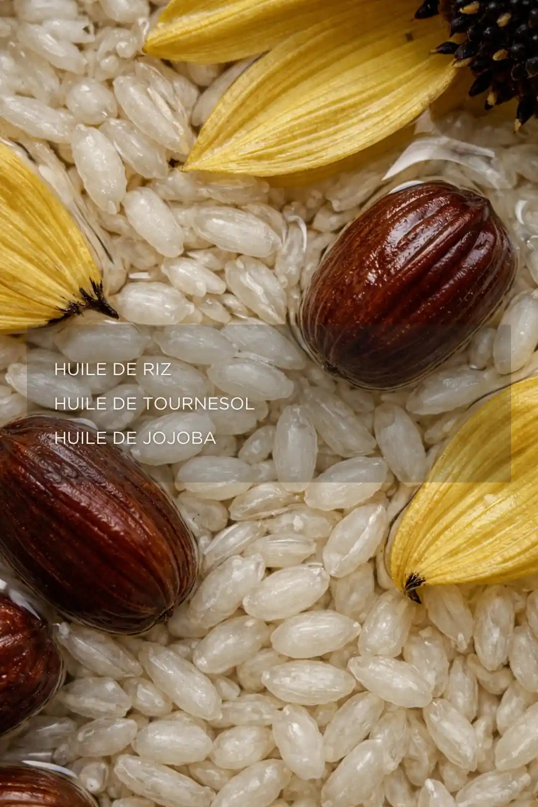 Ingrédients naturels du stick solaire minéral avec huile de riz, tournesol et jojoba