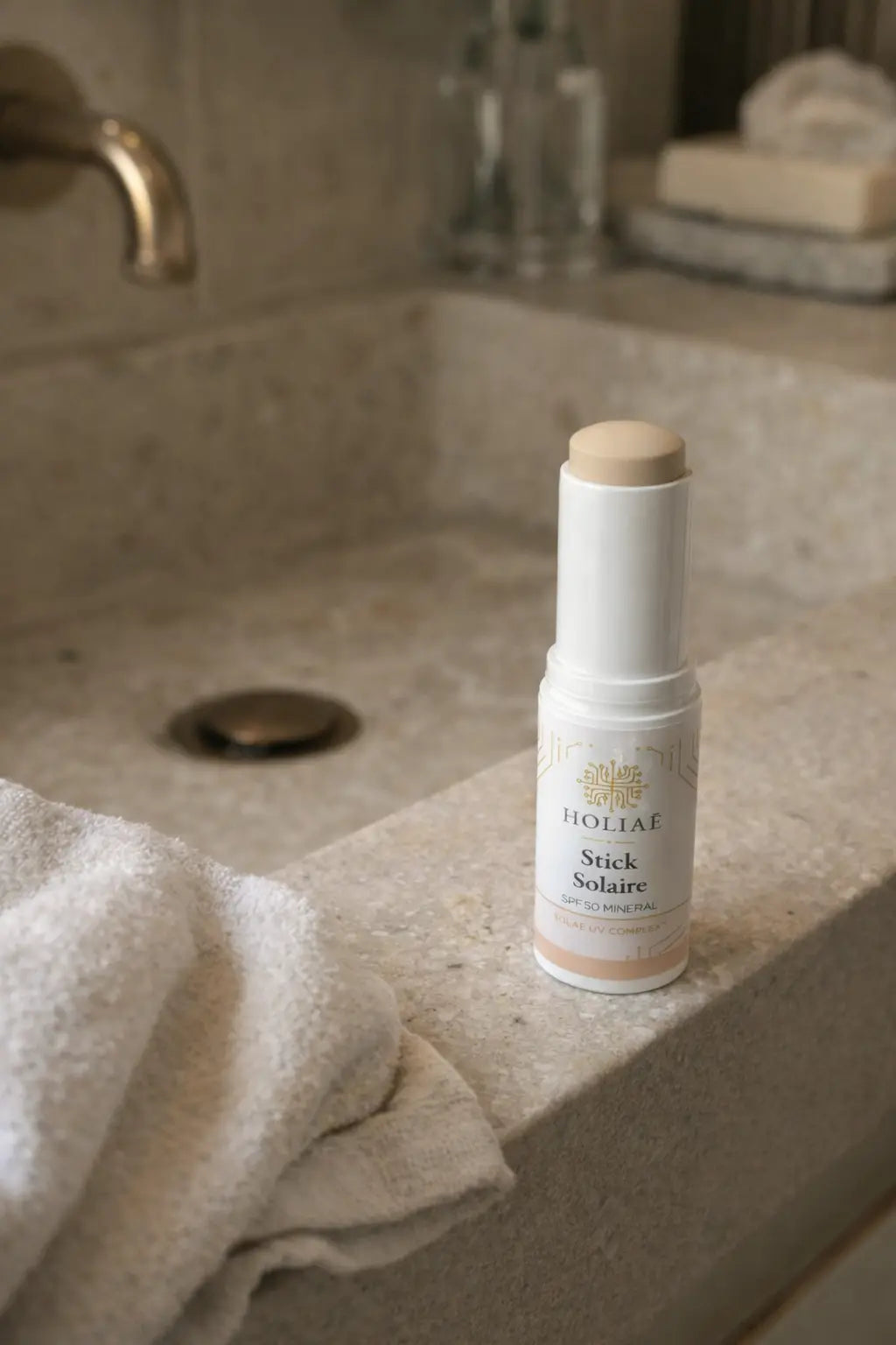 Stick solaire minéral Holiaē dans un univers spa pour routine protection solaire haut de gamme