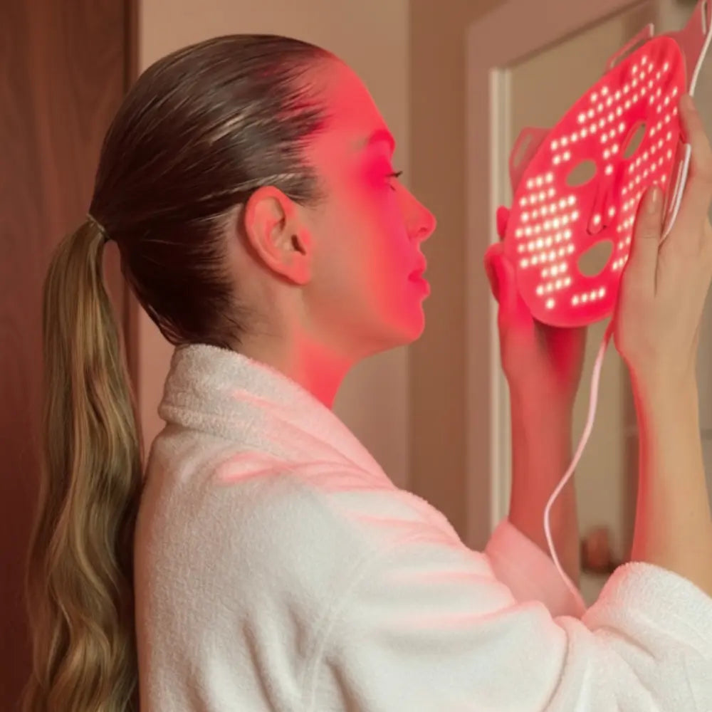 Femme utilisant le masque LED Holiaē RE:GEN I en lumière rouge, rituel skincare anti-âge et régénératif.